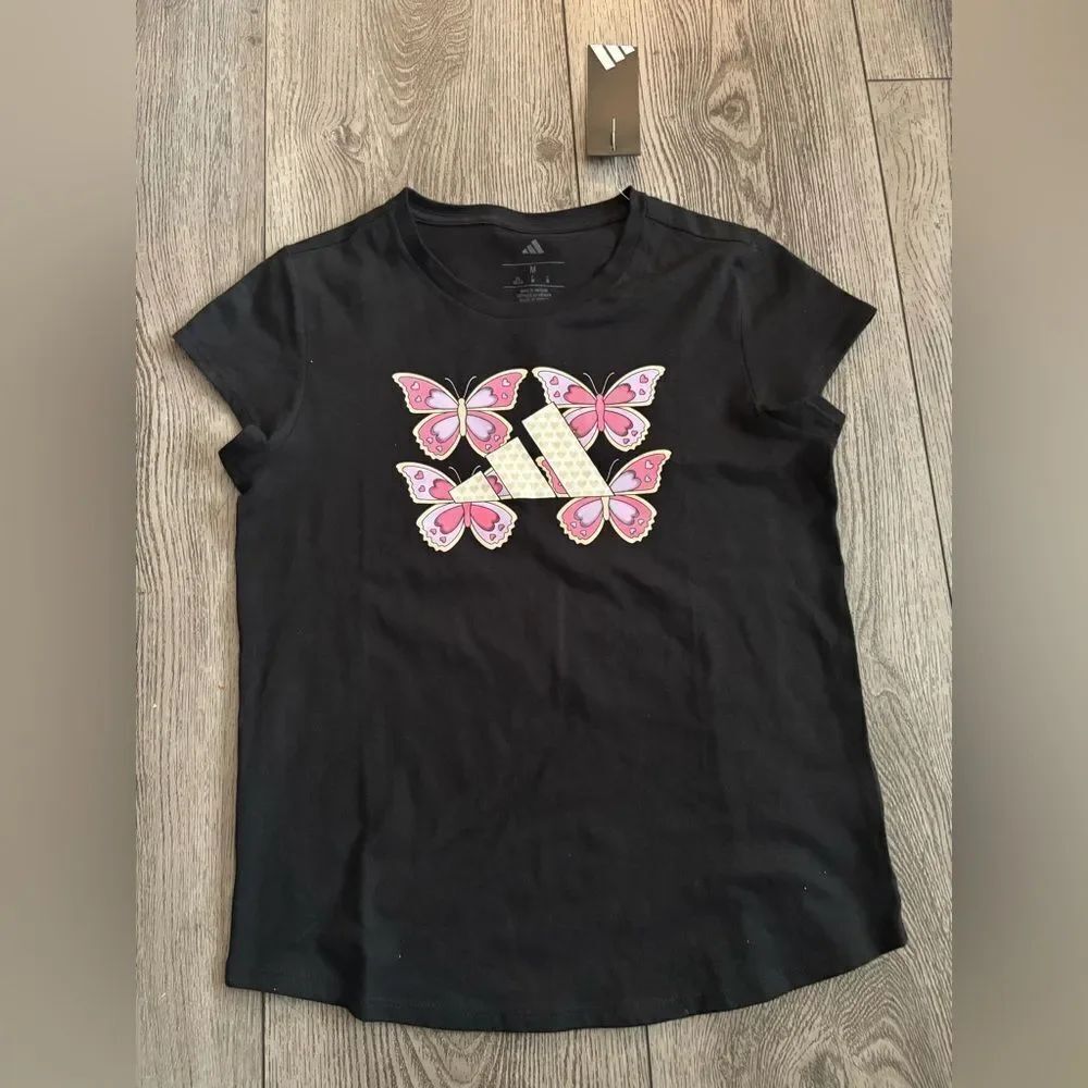Adidas Kids Black Tee with Pink Butterfly Accents